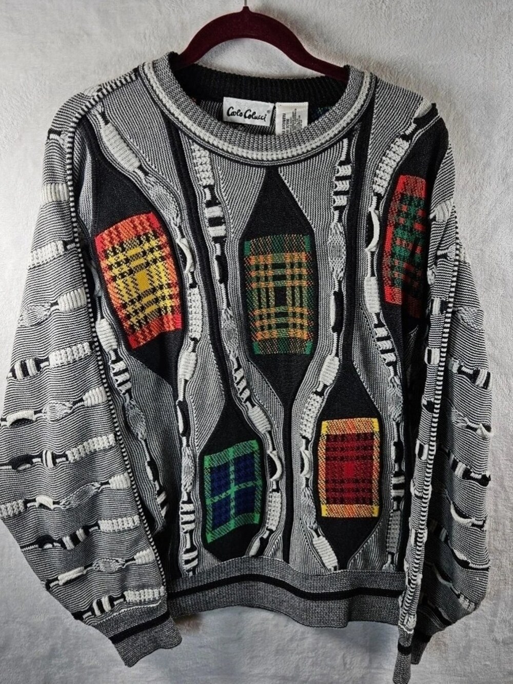Carlo Colucci 3D Knit Sweater Plaid Colorblock Gray Black Men's Size Large